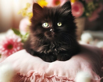 PDF Black Cat Kitten Petals Flowers Cross Stitch pattern, Animal Cross Stitch, Gift design, PDF Instant Download.