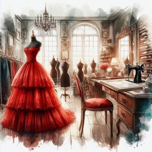 May include: A watercolor painting of a red dress with a ruffled skirt, displayed in a vintage sewing room with mannequins and sewing supplies.