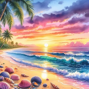 PDF Sunrise, Beach waves, Palms, Counted Cross Stitch Pattern, Seascape, Digital Cross Stitch Chart, Seascape PDF, Cross Stitch Pattern