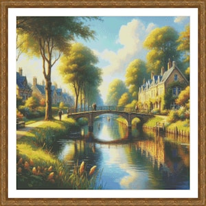 PDF River Bridge Alley Counted Cross Stitch Pattern, City Landscape Instant Download Digital format
