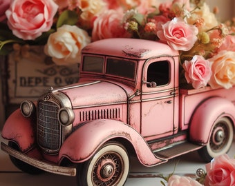 Pode incluir: Um caminhão de brinquedo rosa vintage com um volante branco e pneus pretos. O caminhão está rodeado de flores cor-de-rosa.