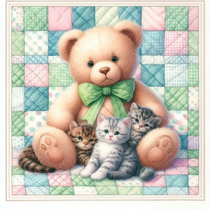 PDF Teddy Bear, Kittens, Counted Cross Stitch Pattern, Kids Room Decor, Cozy Room, Children Toys, Digital Chart, Instant Download PDF
