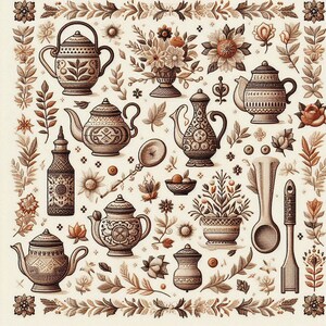 May include: A vintage-style illustration featuring a collection of brown and white ceramic teapots, jugs, and other kitchenware. The illustration is surrounded by floral and botanical motifs, creating a whimsical and charming design.