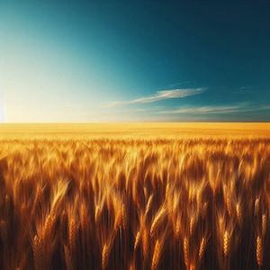 Può includere: Un campo di grano dorato che ondeggia nel vento sotto un cielo blu brillante con nuvole bianche.