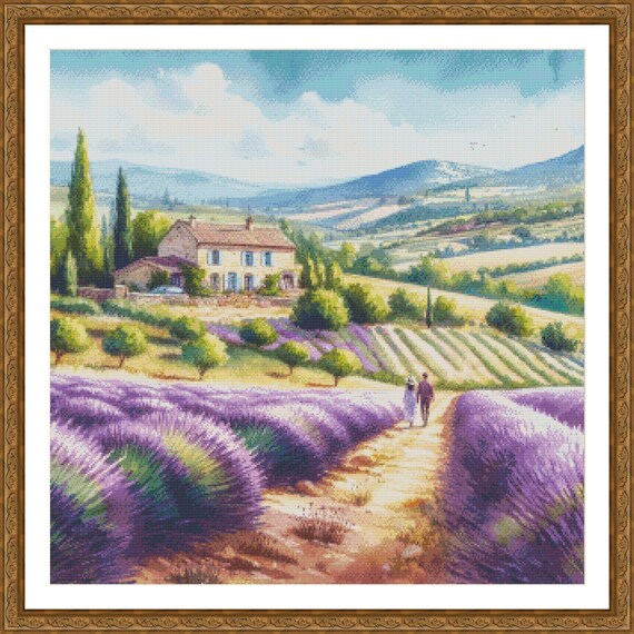 クロスステッチ完成品 ラベンダー畑、の風景画 横長 フレーム付き クロスステッチ完成品 ラベンダー畑、の風景画 横長 フレーム付き