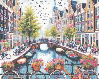 PDF Amsterdam Counted Cross Stitch Pattern, Amsterdam Canal Cross Stitch, Netherlands design, European city Instant Download Digital format