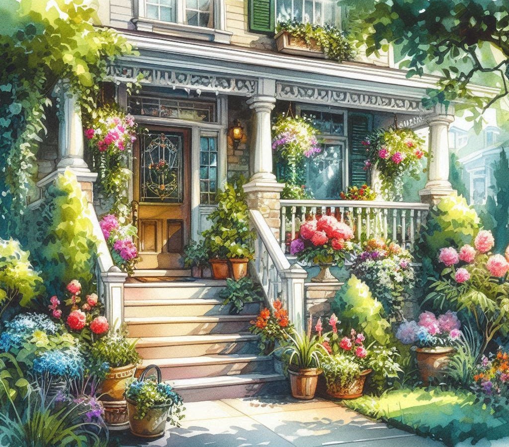 PDF House Porch Flowers Summer Counted Cross Stitch Pattern, City Landscape Instant Download Digital Format