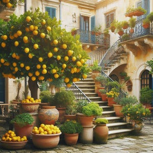 PDF Mediterranean Courtyard, Counted Cross Stitch Pattern, Garden Flowers, Lemon Tree, Summer Landscape, Instant Download, Old Town Street