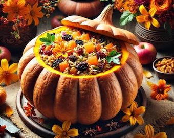 Op de afbeelding: Een grote oranje pompoen gevuld met een hartig rijstgerecht met gedroogd fruit en noten. De pompoen staat op een houten tafel met herfstdecoratie.