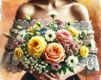 PDF Woman with flowers, Victorian Lady, Cross Stitch Pattern, Flowers Bouquet, Digital Chart, Counted Cross Stitch pattern, Instant Download