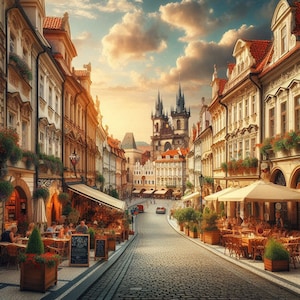 May include: A cobblestone street lined with colorful buildings in Prague, Czech Republic. The street is filled with outdoor seating and tables at cafes and restaurants. A large church with two towers is visible in the background.
