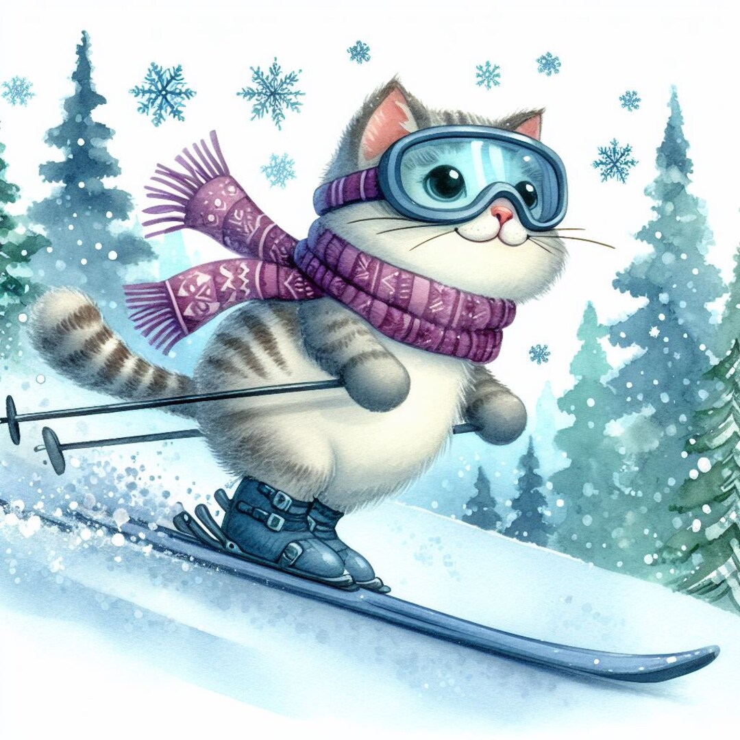 PDF Skiing Cat Cross Stitch Pattern, Cross Stitch, Gift Design