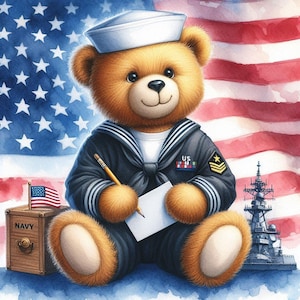 May include: A teddy bear dressed in a navy blue sailor uniform with a white hat, holding a pencil and a white piece of paper. The bear is sitting in front of an American flag and a navy ship.