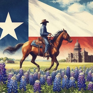 May include: A cowboy riding a brown horse in front of a Texas flag and the Texas State Capitol building. Bluebonnets are blooming in the foreground.