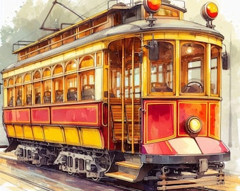May include: A vintage yellow and red streetcar with large windows and a wooden interior. The streetcar has two large headlights and a small bell on the front.