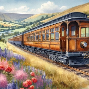 PDF Vintage Zug, Kreuzstichmuster, Blumen Feld, Kreuzstichvorlage, Sommer Landschaft, Dorf, Berg, Fluss