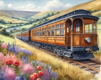 May include: A vintage wooden train car with a brown and blue exterior travels through a lush green valley. The train car has large windows and a detailed wooden interior. The train is surrounded by wildflowers and green hills.