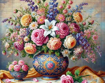 水彩画の花束、花瓶に描かれた庭の花の絵、色とりどりの花束、女性への