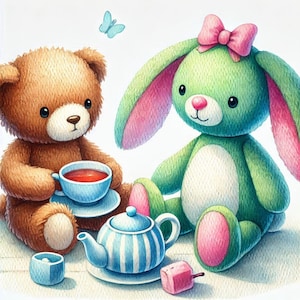 Puede incluir: Una ilustración caprichosa de un oso de peluche y un conejito tomando el té. El oso de peluche marrón sostiene una taza azul, mientras que el conejito verde lleva un lazo rosa. Una tetera azul y una taza azul pequeña están sobre la mesa.