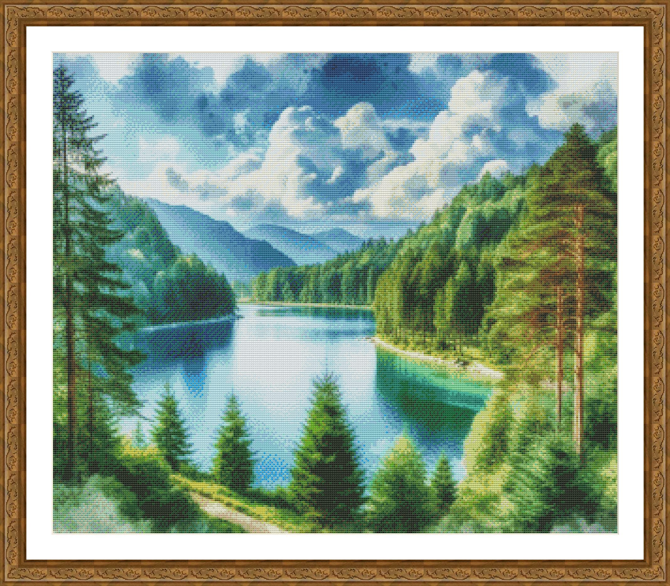 PDF Mountain Lake、クロスステッチパターン、風景チャート、夏の森