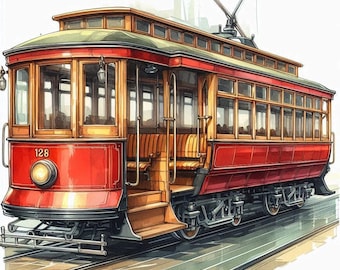 May include: A red and brown vintage streetcar with the number 128 on the front. The streetcar has large windows and wooden seats.