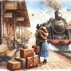 May include: A couple stand on a railway platform, embracing as a steam train departs. They are surrounded by luggage, including several vintage suitcases. The platform is made of brick and has a wooden canopy overhead.