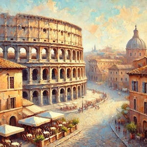 May include: A painting depicting the Colosseum in Rome, Italy. The Colosseum is a large, ancient amphitheatre made of stone. The painting is done in a realistic style and shows the Colosseum on a sunny day. There are other buildings in the background, including a church with a dome.