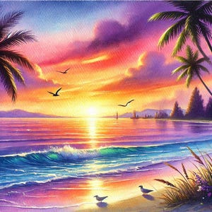 PDF Sunrise, Beach waves, Palms, Counted Cross Stitch Pattern, Seascape, Digital Cross Stitch Chart, Seascape PDF, Cross Stitch Pattern
