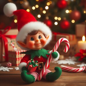 May include: A red and green elf doll with a white fur trim hat, holding a candy cane and a small gift box. The elf is sitting on a wooden surface with a Christmas tree in the background.