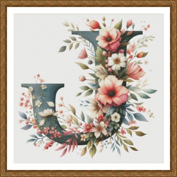 原画『flower, j'.』 PDF Floral Alphabet Letter J Large Size Cross Stitch Pattern