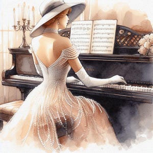 Op de afbeelding: Een vrouw in een witte jurk met parelversiering speelt op een zwarte vleugelpiano. Ze draagt een witte hoed en handschoenen. De piano heeft bladmuziek op de standaard.