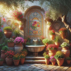 PDF Mediterranean Courtyard, Counted Cross Stitch Pattern, Garden Flowers, Summer Landscape, Instant Download PDF, Old Town Street