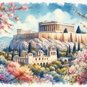May include: A watercolor painting of the Acropolis in Athens, Greece. The ancient Greek ruins are depicted on a hill with lush green trees and pink flowers in the foreground.