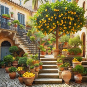 PDF Mediterranean Courtyard, Counted Cross Stitch Pattern, Garden Flowers, Lemon Tree, Summer Landscape, Instant Download, Old Town Street