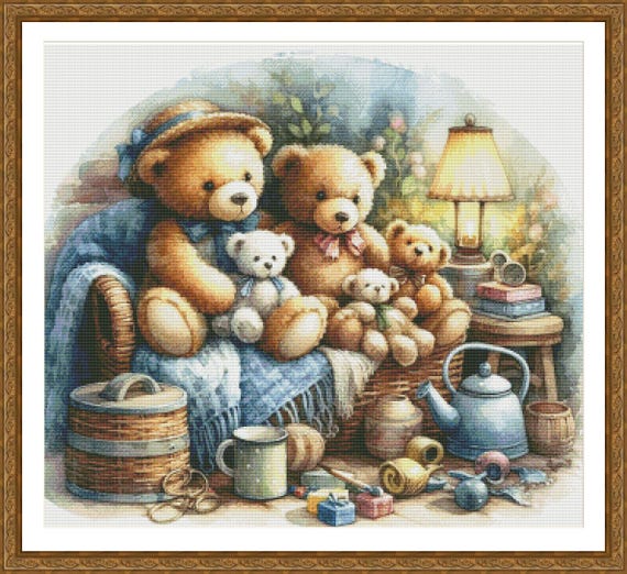 PDF Teddy Bears Family, Counted Cross Stitch Pattern, Kids Room