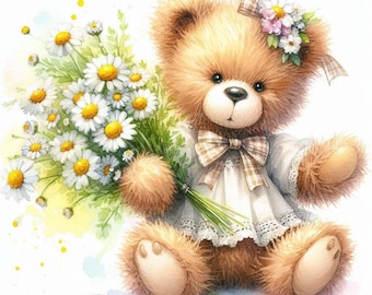 PDF Teddy Bear, Camomile Flowers, Counted Cross Stitch Pattern, Kids Room Decor, Cozy Room, Children Toys, Digital Chart, Instant Download