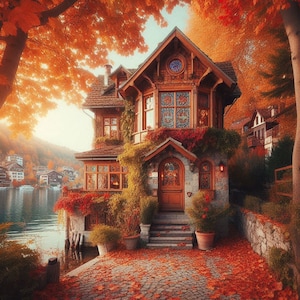 PDF Autumn Lake House Counted Cross Stitch Pattern, Fall Landscape Instant Download Digital Format