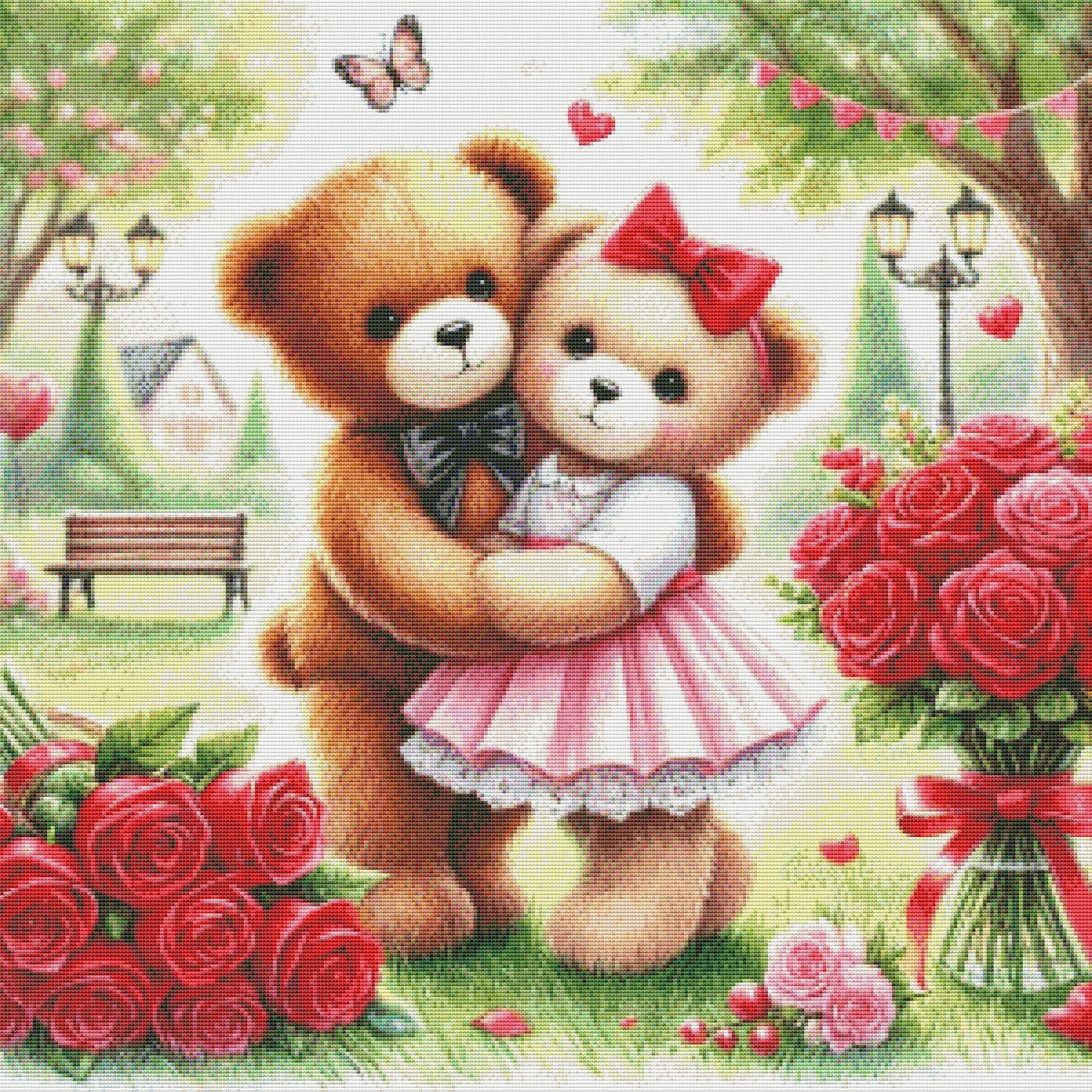 PDF Teddy Bears, Red Roses Flowers, Counted Cross Stitch Pattern