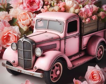 Pode incluir: Um caminhão de brinquedo rosa vintage com uma caçamba de madeira, cercado por rosas cor-de-rosa e outras flores.