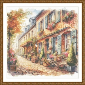 May include: A watercolor painting of a quaint European street scene with colorful buildings, flower boxes, and a cafe with tables and chairs. The street is cobblestone and there are trees and greenery throughout the scene.