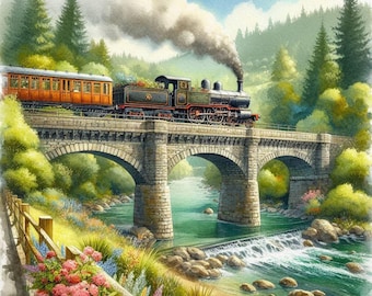 May include: A vintage steam train with a red and brown passenger car crosses a stone bridge over a rushing river. Lush green trees and foliage surround the bridge and river.