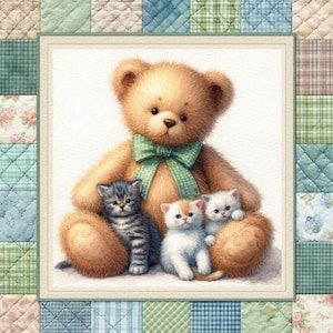 PDF Teddy Bear, Kittens, Counted Cross Stitch Pattern, Kids Room Decor, Cozy Room, Children Toys, Digital Chart, Instant Download PDF