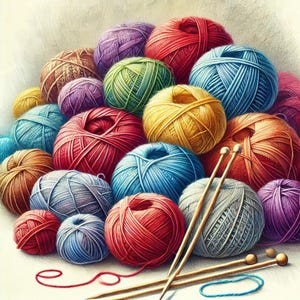 May include: A colorful assortment of yarn balls in various shades of red, blue, green, yellow, and purple. The yarn balls are arranged in a pile, with some overlapping. The yarn is soft and fluffy, and the colors are vibrant and eye-catching.