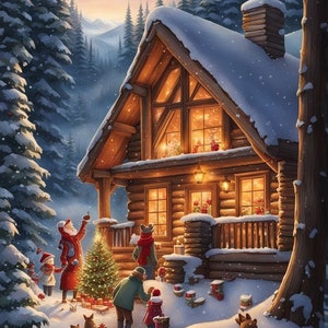 Puede incluir: Una escena de invierno nevada con una acogedora cabaña de madera iluminada con luces cálidas. Una familia está decorando un árbol de Navidad afuera de la cabaña, rodeada de regalos y nieve. Dos perros están observando la escena.