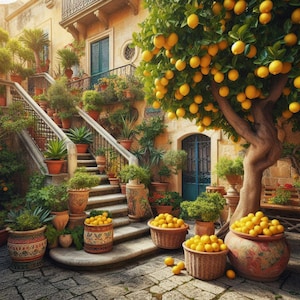 PDF Mediterranean Courtyard, Counted Cross Stitch Pattern, Garden Flowers, Lemon Tree, Summer Landscape, Instant Download, Old Town Street