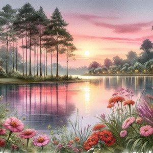 Puede incluir: Una pintura de acuarela de una escena de lago serena con una línea de árboles en el lado izquierdo de la imagen. El lago refleja los tonos rosados y anaranjados del cielo del atardecer. En primer plano, hay una variedad de flores rosas y rojas.