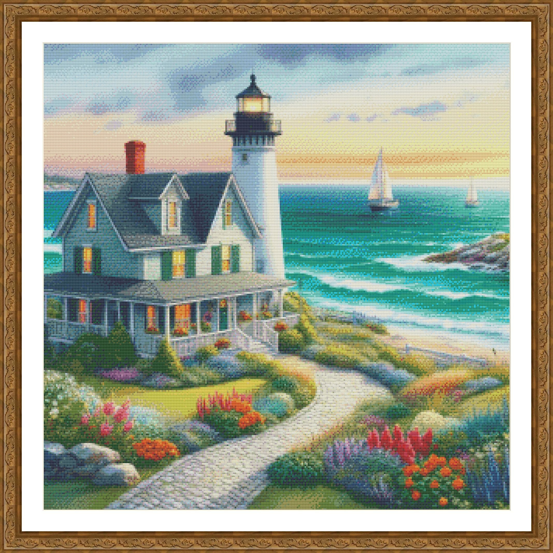PDF Coastal House Counted Cross Stitch Pattern, Lighthouse Seascape ...