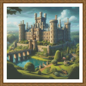 May include: A large, stone castle with tall towers and a moat. The castle is surrounded by lush green trees and a bridge leading to the entrance.