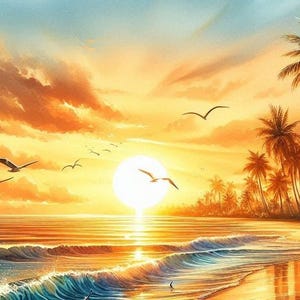 PDF Sunrise, Beach waves, Palms, Counted Cross Stitch Pattern, Seascape, Digital Cross Stitch Chart, Seascape PDF, Cross Stitch Pattern