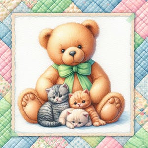 PDF Teddy Bear, Kittens, Counted Cross Stitch Pattern, Kids Room Decor, Cozy Room, Children Toys, Digital Chart, Instant Download PDF